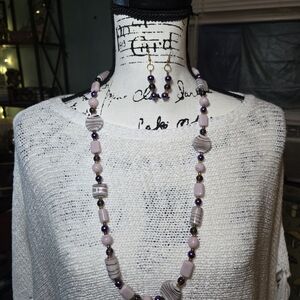 Elegant Purple and Gold Beaded Necklace and Earring Set